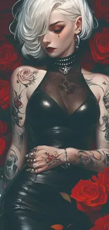 Tattooed woman with white hair surrounded by roses.