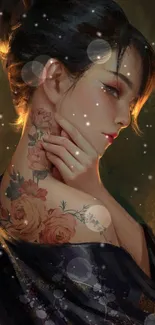 Artistic wallpaper featuring a tattooed woman with elegant floral tattoos.