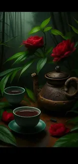 Artistic tea set with red roses and green leaves creates a serene wallpaper.