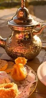 Elegant Moroccan tea and sweets on a table.