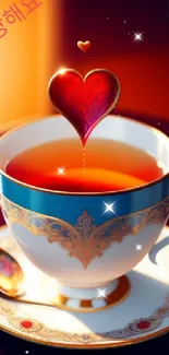 Tea cup with heart and colorful vibrant design on wallpaper.