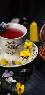 Elegant tea cup surrounded by flowers on a dark background.