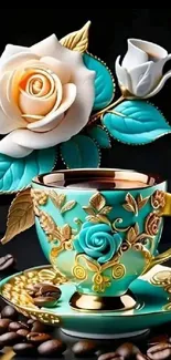 Elegant turquoise teacup with rose design and gold accents.