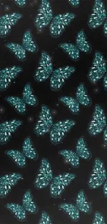 Teal butterflies on a black background create an elegant pattern for phone wallpaper.