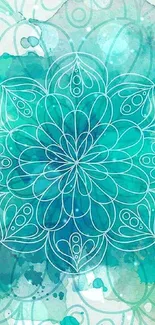 Teal mandala wallpaper with watercolor background featuring intricate design.