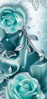 Teal roses with shimmering butterflies in elegant wallpaper design.