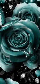 Elegant teal roses and butterflies design for mobile wallpaper.