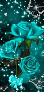 Teal roses and silver butterflies on a starry background.