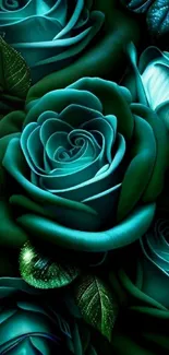 Teal roses with green leaves wallpaper.