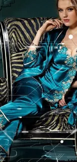 Elegant teal satin loungewear in a luxurious setting.