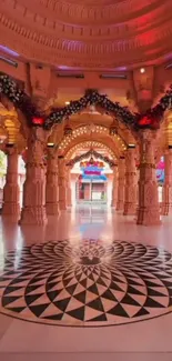 Elegant temple interior with ornate columns and geometric floor.