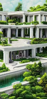 Elegant terraced garden with classical architecture and lush greenery.