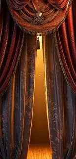 Elegant theater curtain with golden light peeking through in mobile wallpaper.