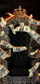 Luxurious throne with floating money theme.