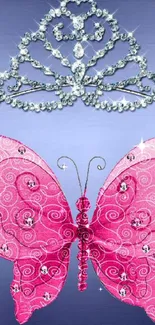 Pink butterfly and sparkling tiara on blue background wallpaper.