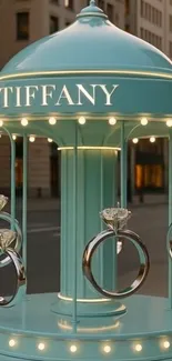 Elegant Tiffany jewelry carousel with diamond rings in city background.