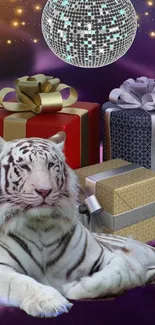 Majestic white tiger with gifts in a festive, purple-lit setting.