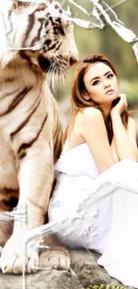 Wallpaper of a thoughtful woman next to a majestic tiger in a serene setting.