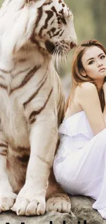 White tiger with woman, serene natural setting.