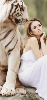 Elegant white tiger and woman in nature setting.