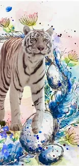 Elegant watercolor tiger with floral design on a white background.