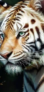 Close-up of a stunning tiger with vivid green eyes in natural surroundings.