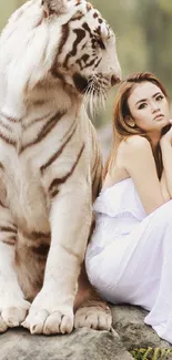 Serene woman with white tiger on rocks.