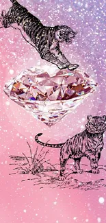 Tigers and diamond on pink artistic background.