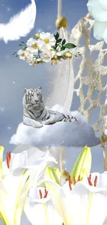 White tiger on a cloud with flowers and dreamcatcher.