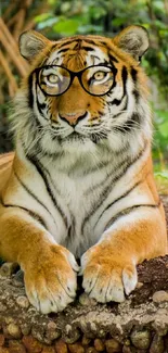 Tiger resting in lush jungle setting, vibrant mobile wallpaper