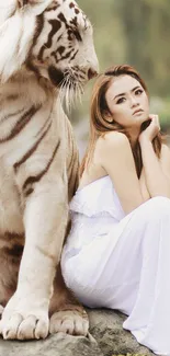 Mobile wallpaper of a white tiger with a serene woman in a white dress.