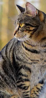 Majestic tiger-striped cat in the wild, perfect for mobile wallpaper.