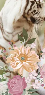 White tiger with artistic floral elements on a mobile wallpaper.