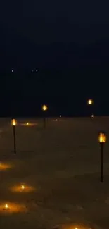 Torchlit beach scene at night with glowing warmth.