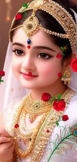 Beautiful traditional portrait with gold jewelry and red flowers.