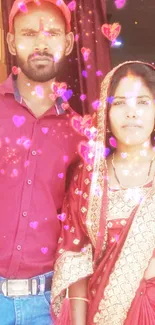 Couple in traditional attire with vibrant red hues.