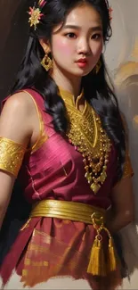 Elegant portrait of a woman in traditional attire with gold accents.