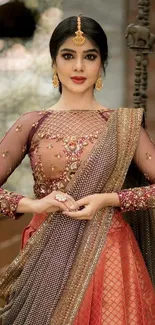 Woman in elegant traditional attire with detailed jewelry.