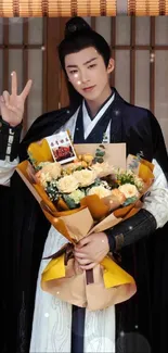 Person in traditional attire holding a bouquet, posing gracefully.