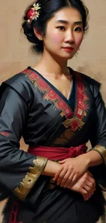 Portrait of a woman in traditional attire with elegant detailing.