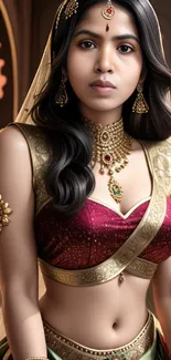 Woman in rich traditional attire with ornate jewelry and veil.