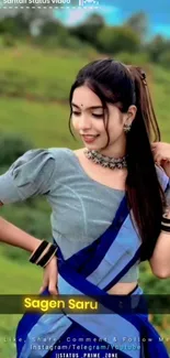 Woman in traditional attire with a scenic background.