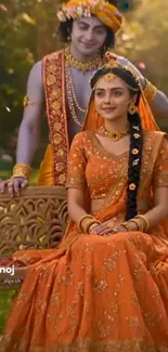 Traditional attire with vibrant colors in a serene setting.