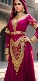 Woman in magenta traditional attire with gold accents, standing in architectural setting.