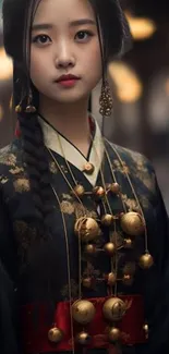 Elegant woman in traditional attire with a braided hairstyle.