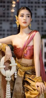 Woman in elegant gold traditional attire, cultural fashion.