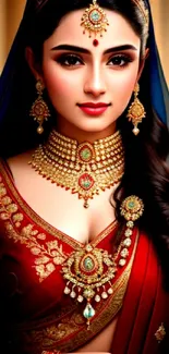 A woman in traditional attire with rich jewelry, enhancing elegance.