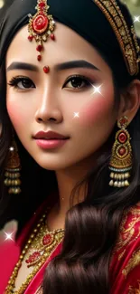 Elegant traditional portrait with jewelry and vibrant attire.