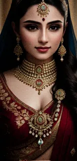 Traditional Indian bridal portrait with rich attire and golden jewelry.