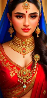 Traditional bridal portrait in vibrant red and gold, perfect for mobile backgrounds.